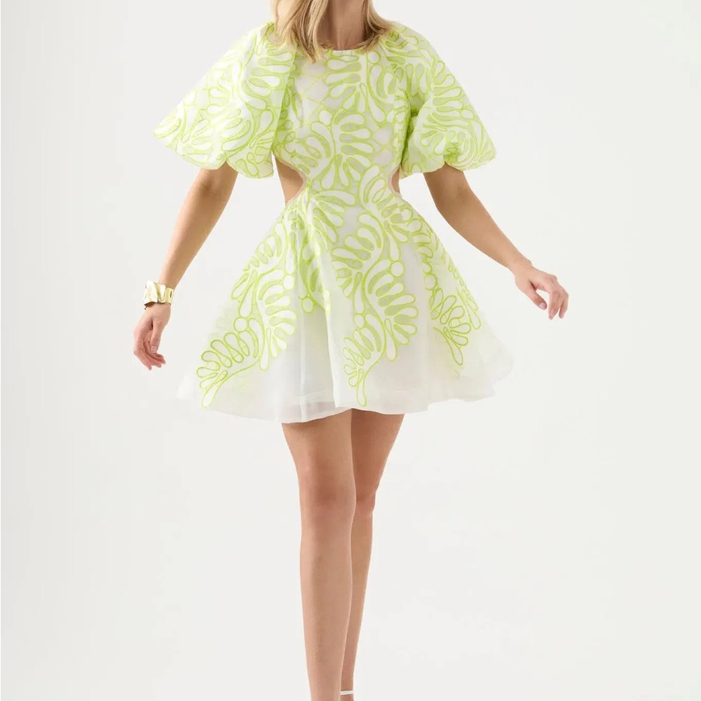 Aje White Mini Dress with Neon Lime Appliqué
